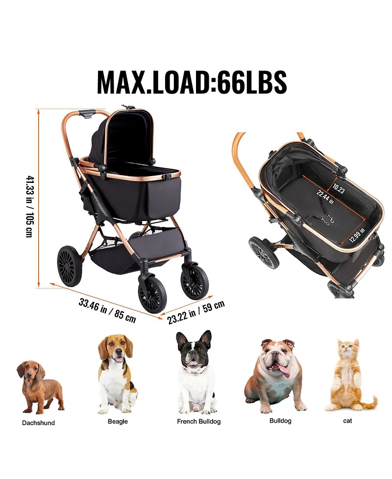 Cozito 4-Wheel Pet Stroller with Detachable Carrier, Holds up to 66 lbs., Black