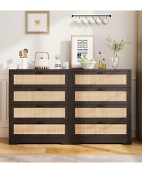 gaomon 4-Drawer Modern Rattan Dresser, Tall Chest with Power Outlets, Metal Handles, Wood Organizer for Bedroom, Living Room, Hallway