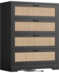 gaomon 4-Drawer Modern Rattan Dresser, Tall Chest with Power Outlets, Metal Handles, Wood Organizer for Bedroom, Living Room, Hallway