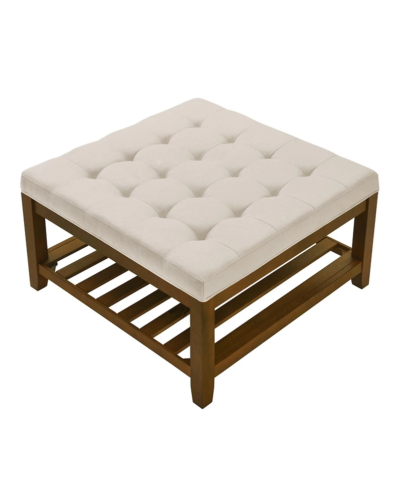 sumyeg Ivory Upholstered Square Ottoman Coffee Table with Tufted Linen and Beech Wood Shelf