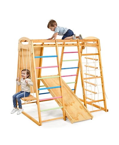 Mecale 7-in-1 Wooden Indoor Playground with swing, slide, monkey bar, ladders & net, holds up to 250 lbs.
