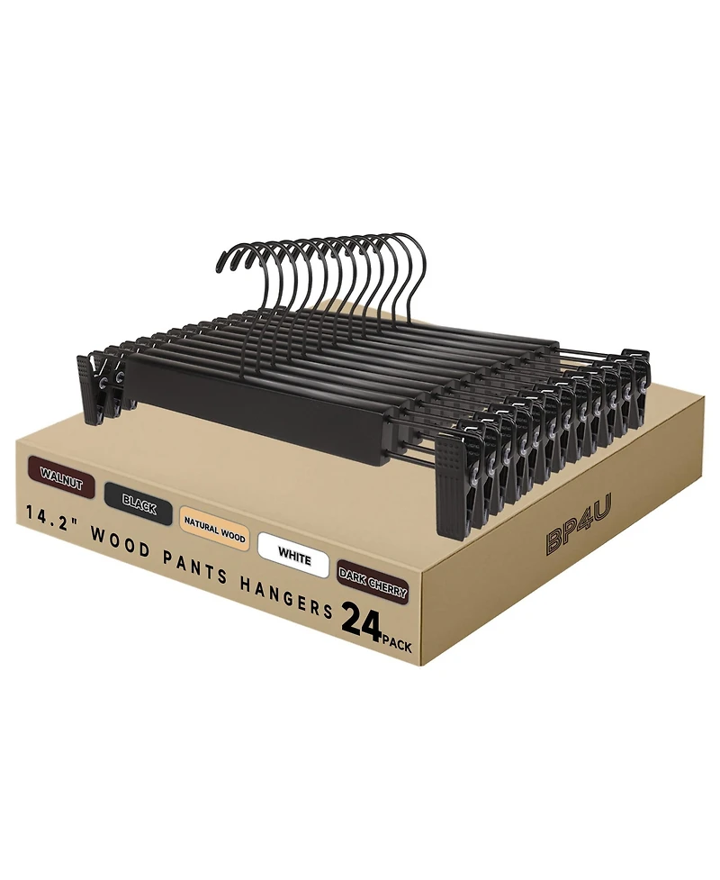 BP4U -Pack Premium Wooden Pants Hangers with Adjustable Clip, Heavy Duty Solid Wood Skirt Bottom for Trousers, Dress Slacks, Dresses