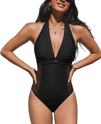 Cupshe Women's V-Neck Halter One-Piece Swimsuit with Mesh Trim