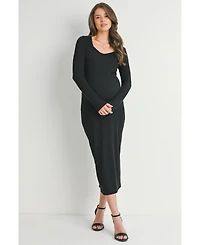 Hello Miz Maternity Sweatheart Long Sleeve Back Slit Ribbed Midi Dress