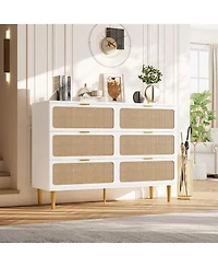 gaomon 6-Drawer Rattan Dresser, Wide Top, Large Double Chest for Bedroom, Closet, Living Room, Hallway, Kids Room, White