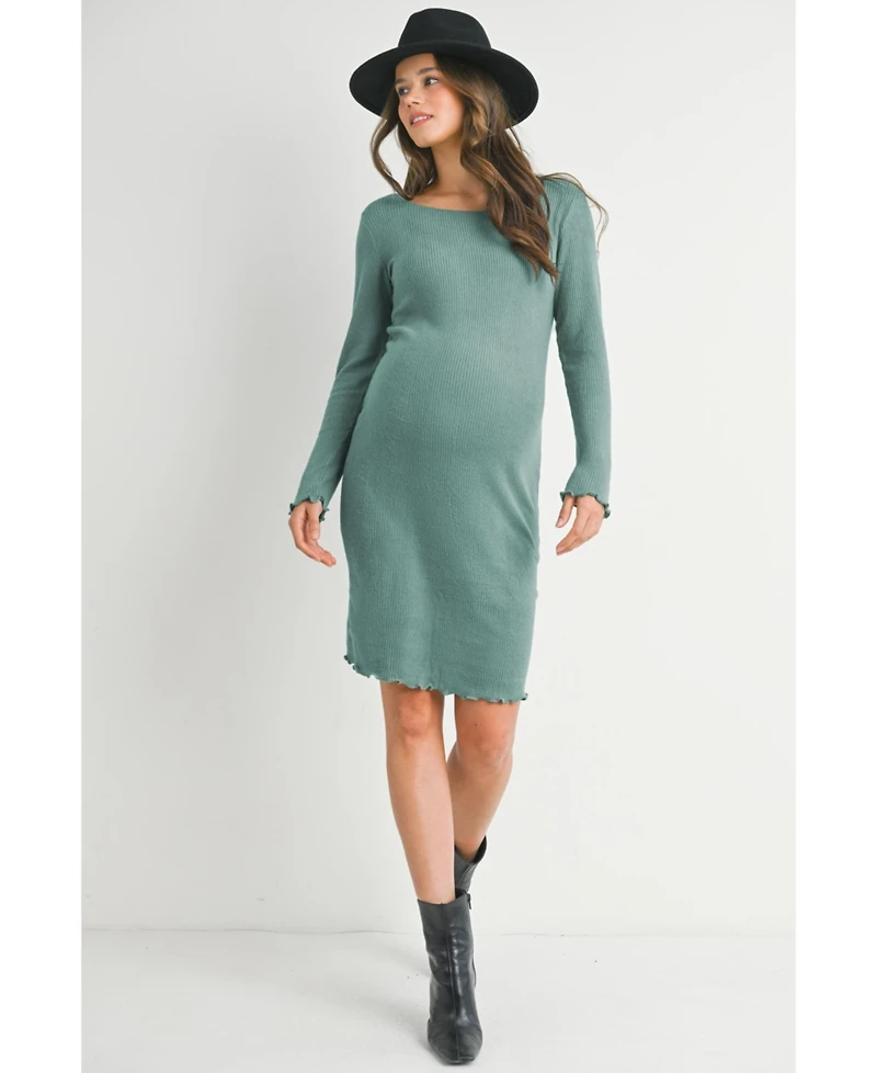 Hello Miz Maternity Long Sleeve Ribbed Knit Sweater Dress with Lettuce Hem