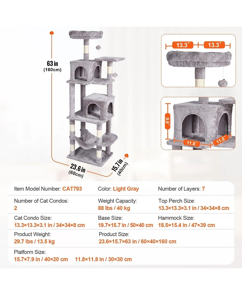 Cozito 63" Multi-Level Cat Tree with 2 Condos