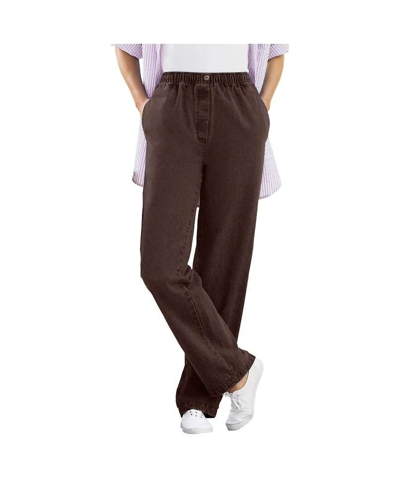 Woman Within Women's Plus Straight-Leg All-Cotton Denim Pull-On 7-Day Elastic-Waist Jeans