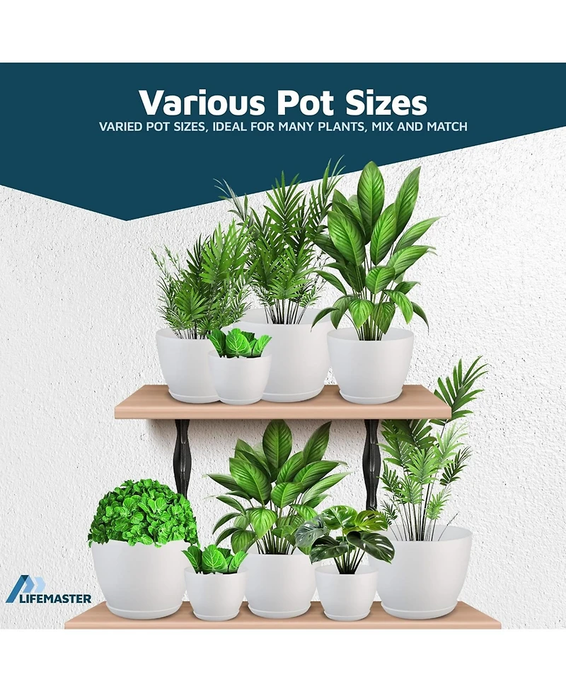 Lifemaster 15-pack white plant pots with drainage & saucers, stackable, durable, weatherproof for indoor/outdoor use