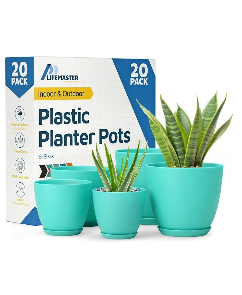 Lifemaster Planter Pots with Drainage Holes, Lightweight, Durable & Space-Saving Indoor & Outdoor Plastic Planters, Modern Design