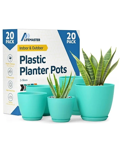 Lifemaster Planter Pots with Drainage Holes, Lightweight, Durable & Space-Saving Indoor & Outdoor Plastic Planters, Modern Design