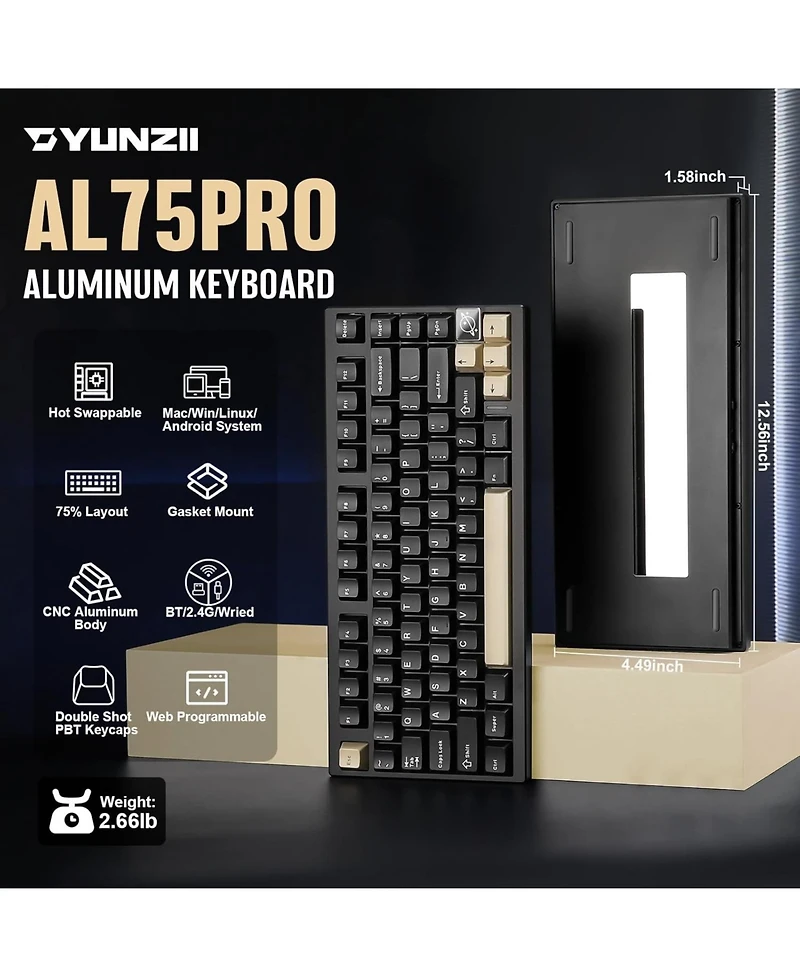 Lofree AL75 Pro 75% Wireless Mechanical Gaming Keyboard,Full Aluminum Cnc,Bt/2.4G/Wired,Pbt Keycaps,Gasket Mounted Hot Swap,Custom Rgb Backlight