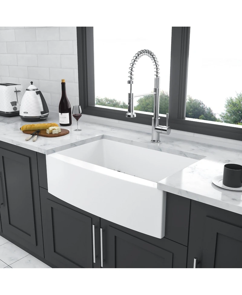 flynama 33x21x10inch White Farmhouse Sink Ceramic Porcelain Arch Edge Apron Front Single Bowl