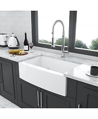 flynama 33x21x10inch White Farmhouse Sink Ceramic Porcelain Arch Edge Apron Front Single Bowl