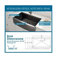 flynama 36x22x10inch Gunmetal Black Farmhouse Kitchen Sink Apron Front Workstation Stainless Steel