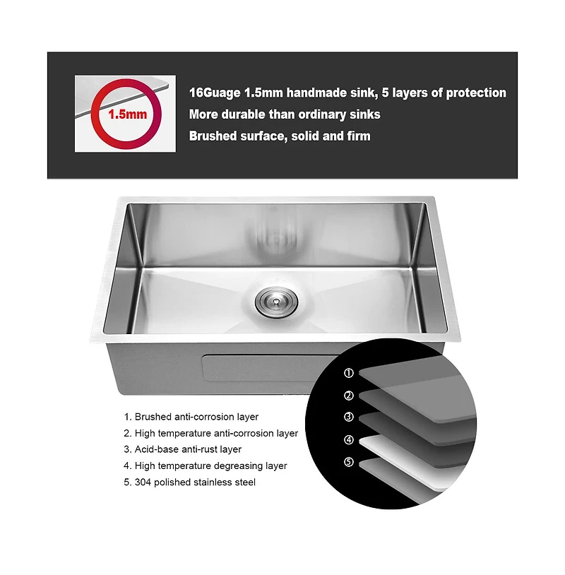 huluwat 30x18x9inch 16 Gauge 304 Stainless Steel Undermount Single Bowl Kitchen Sink with Drain Assembly No Additional Accessories