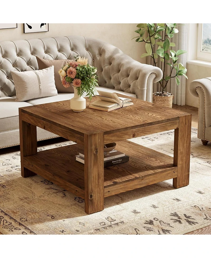 Tribesigns 31.5" Square Solid Wood Coffee Table, 2-Tier Farmhouse Center Table for Living Room & Office, Rustic Brown