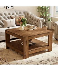 Tribesigns 31.5" Square Solid Wood Coffee Table, 2-Tier Farmhouse Center Table for Living Room & Office, Rustic Brown
