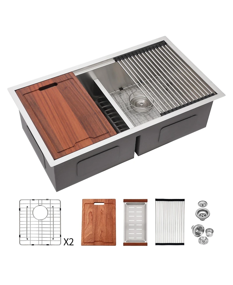 flynama 30x19x10inch 16 Gauge T304 Stainless Steel Undermount 5050 Double Bowl Brushed Nickel Workstation Kitchen Sink with Full Accessories