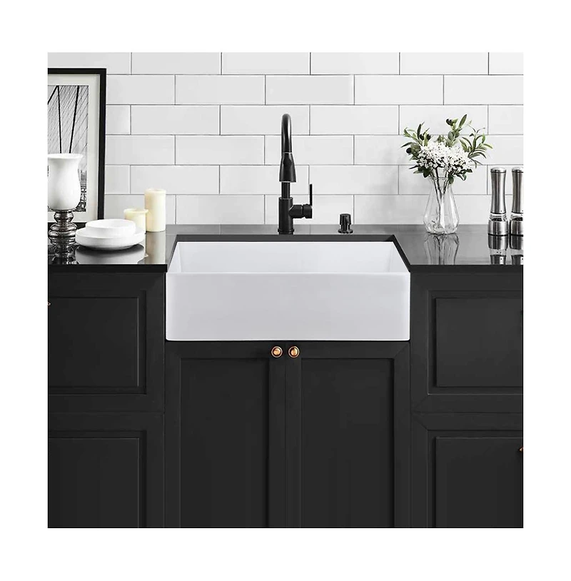 Flynama White Ceramic Farmhouse Kitchen Sink, Single Basin, Apron Front, Heat & Stain Resistant with Basket Strainer, 33" x 20" x 10"