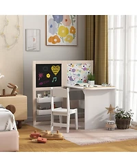 Jujabu Kids Table and Chair Set 3 in 1 Art Table with Storage Shelves Foldable Blackboard Whiteboard Roll Paper for Kids 3-8 Years White