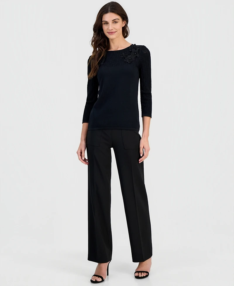 Anne Klein Women's Boat-Neck Floral-Applique Sweater