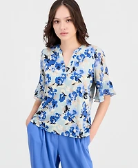 Anne Klein Essentials Petite Ruffle-Cuff Split-Neck Top