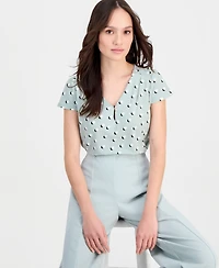 Anne Klein Essentials Petite Printed Keyhole Cap-Sleeve Top