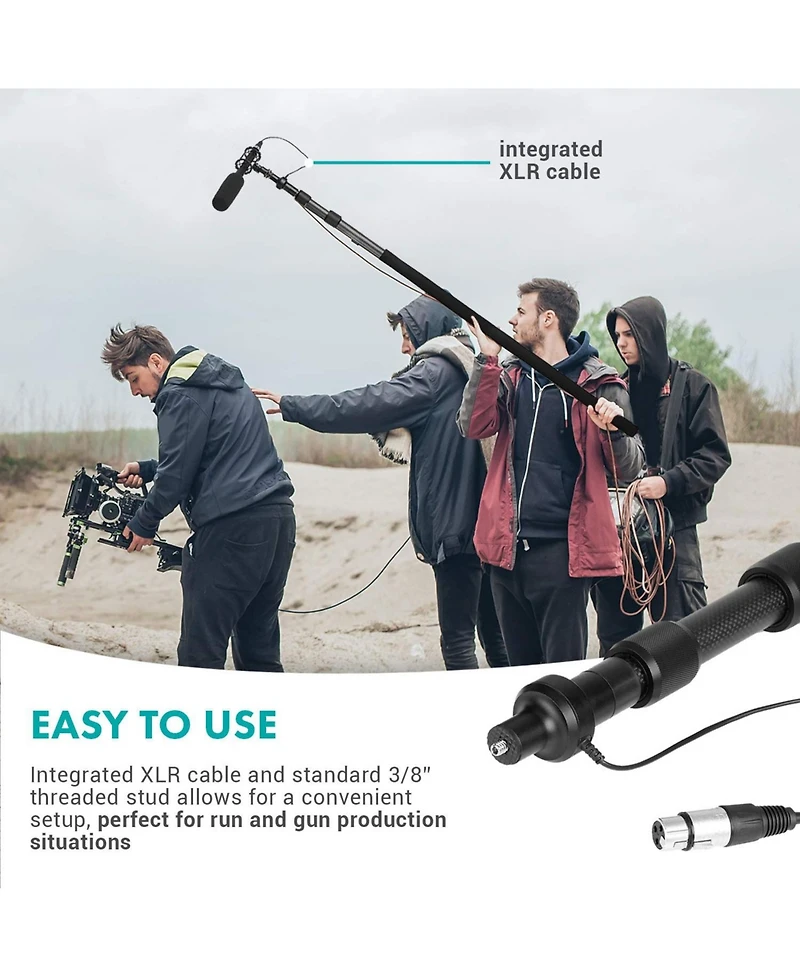 Movo Cmp-25 8.2' Telescoping Carbon Fiber Microphone Boom Pole with Integrated Xlr Cable for Video Production and Electronic News Gathering