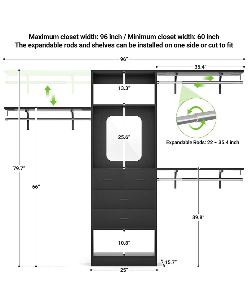 Aheaplus 96'' Closet Organizer System with 4 Drawers & Mirror, Heavy Duty Closet System with 3 Shelving Towers & Hanging Rods