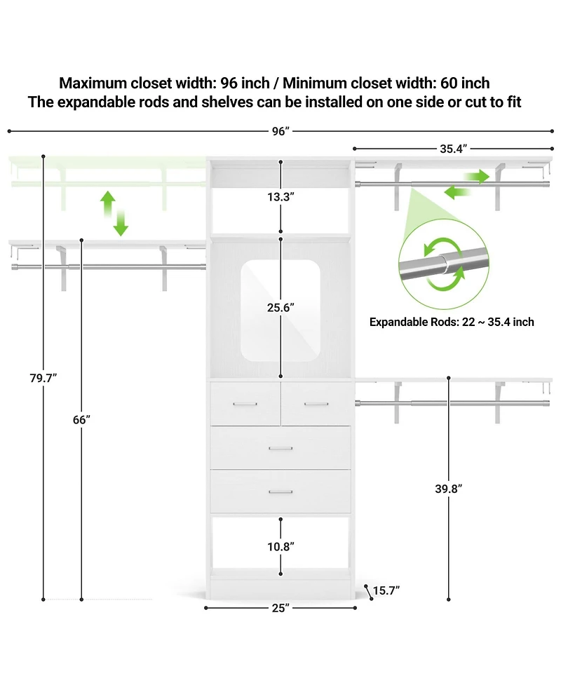 Aheaplus 96'' Closet Organizer System with 4 Drawers & Mirror, Heavy Duty Closet System with 3 Shelving Towers & Hanging Rods
