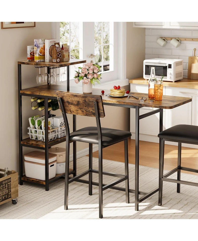 gaomon Dining Table Set for 2, 3-Piece Expandable Table and Chairs Set, with Storage Shelves and Wine Rack Small Kitchen Dining Set for Living Room
