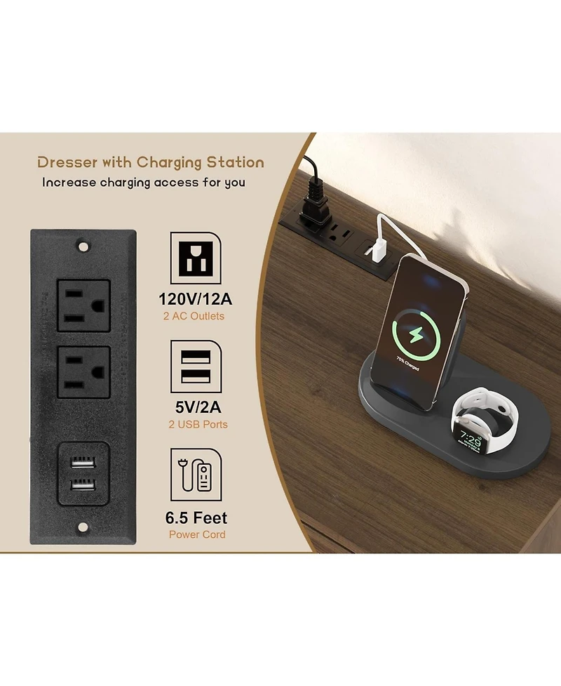 gaomon 52.1 Inch 6 Drawer Rattan Wood Dresser with Charging Station, Different Capacity Drawers, Bedroom, Dark Brown