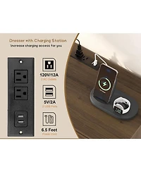 gaomon 52.1 Inch 6 Drawer Rattan Wood Dresser with Charging Station, Different Capacity Drawers, Bedroom, Dark Brown