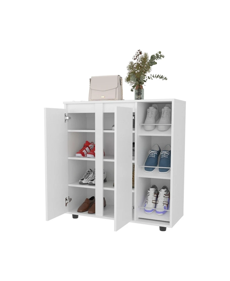 Fm Furniture Gitano Shoe Storage Cabinet, 2 Doors, 8 Enclosed Shelves, 3 Open Side Shelves, Freestanding Design, Entryway or Bedroom Use