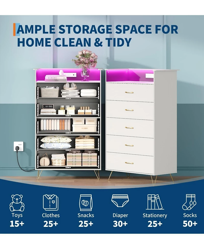5 Drawer Wooden Dressers for Bedroom with Led Lights & Charging Station