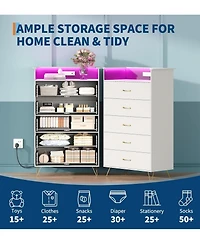 5 Drawer Wooden Dressers for Bedroom with Led Lights & Charging Station