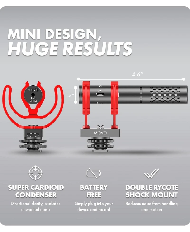 Movo X1-Mini Video Shotgun Mic - Supercardioid 3.5mm/Usb-c Analog/Digital Microphone for Cameras, Smartphones, Computers