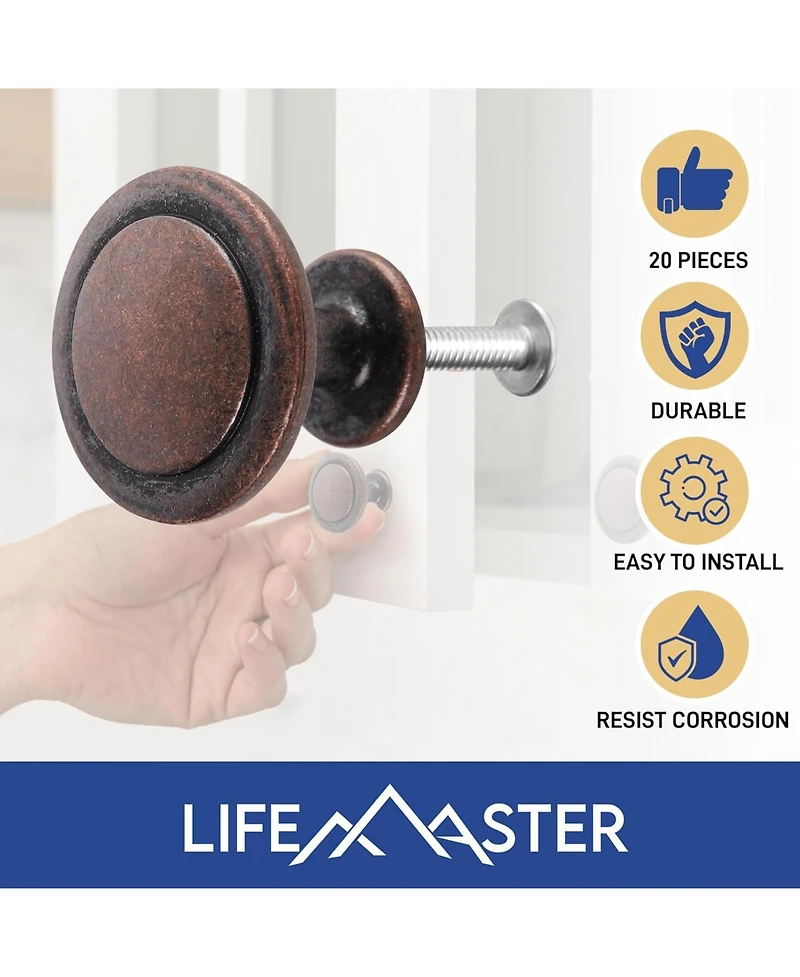 Lifemaster 30pcs Oil Rubbed Bronze Cabinet Knobs, Modern Zinc Alloy Handles, Rust-Proof Finish with 60 Screws for Kitchen, Dresser, and Drawer Pulls.