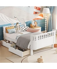 Boyel Living Twin Size Wood Platform Bed for Kids with Low Profile, Safety Rails & 2 Wheeled Storage Drawers