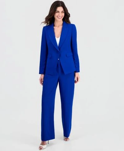 Tahari Asl Petite Peak Lapel One Button Blazer Mid Rise Wide Leg Pants