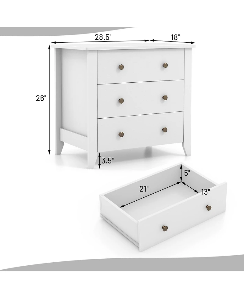 sumyeg White 3-Drawer Dresser Chest, Bedside Table with Storage