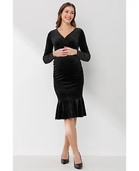 Hello Miz Maternity Velvet V Neck Long Sleeve Ruched Dress