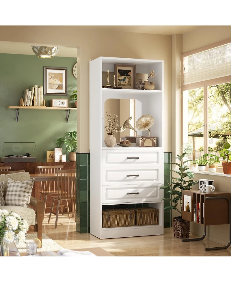 Aheaplus Mdf, Metal, Glass Freestanding Closet System with 3 Drawers, 25'' Closet Drawer Organizer with Mirror and Storage Shelves