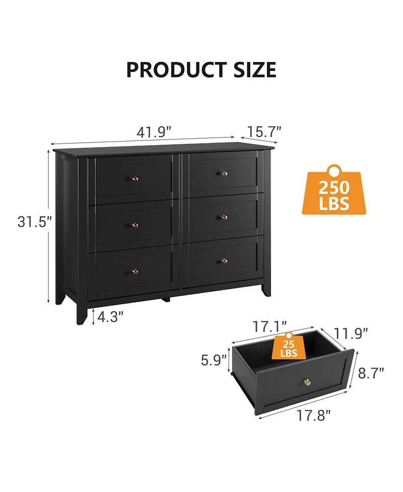 gaomon Wooden Modern Chest with Deep Drawers, Nickel Round Handle, Wood Storage Organizer - 6 Drawer Dresser