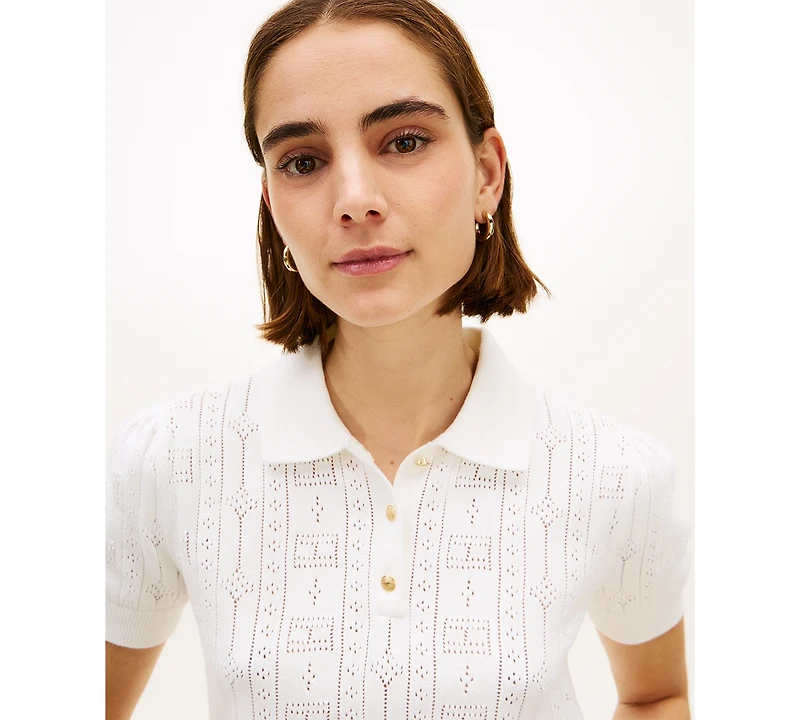 Tommy Hilfiger Women's Flag Pointelle Puff-Sleeve Polo Sweater