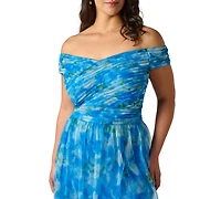 Adrianna Papell Plus Printed Tulle Off-the-Shoulder Gown