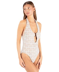 Hurley Women's V-Neck Shell Crochet Ring One-Piece Swimsuit