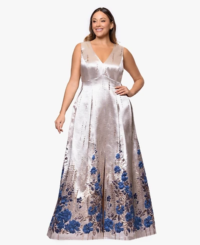 Betsy & Adam Plus Jacquard Print V-Neck Gown