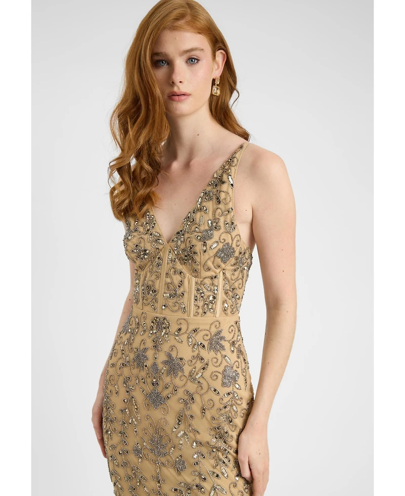 Beauut Women's Embellished Sequin Beaded Corset Maxi Dress With Deep V-Cut